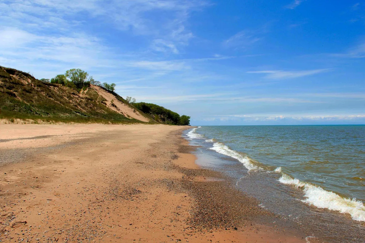 Michigan Lake beach with green grassy dunes in the background, under a blue sky.