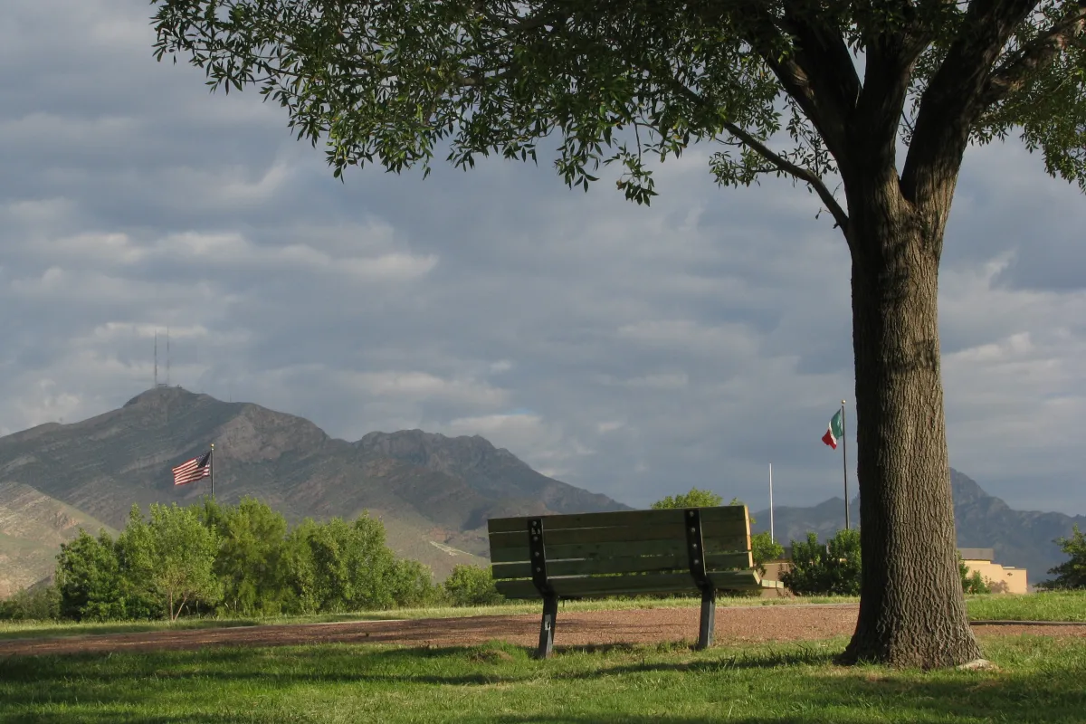 a bench next to a tree with U.S. and Mexican flags flying against a mountain background