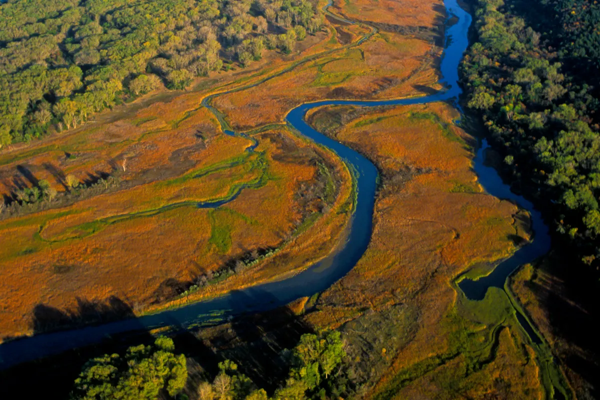 Aerial view of the Missouri River and surrounding landscape.