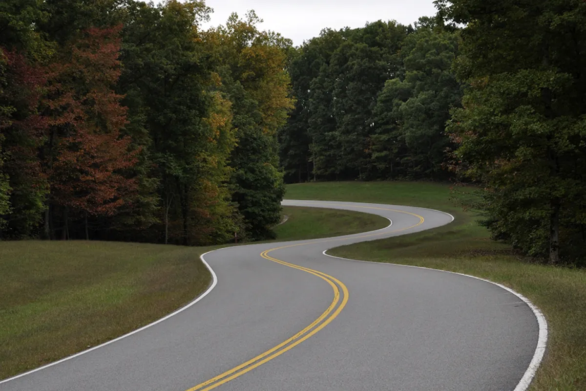 A slightly curvy section of the Natchez Trace Parkway in Early Fall