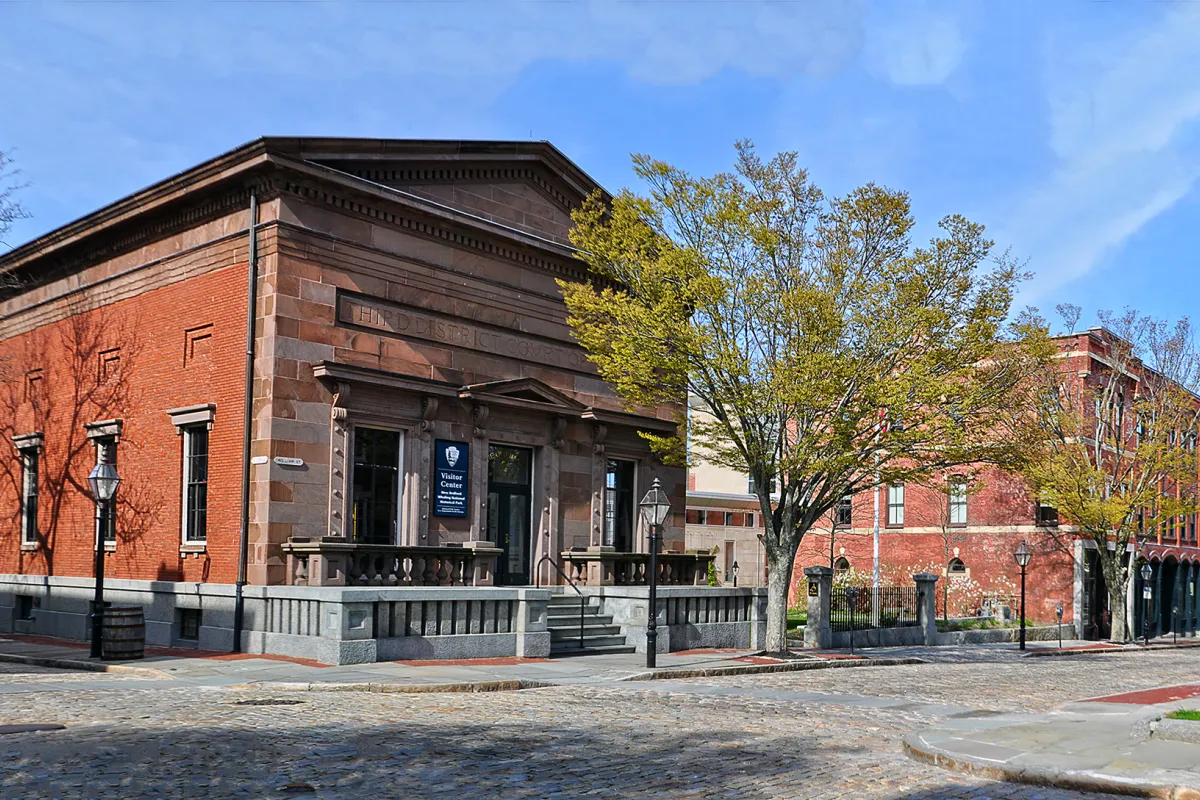 New Bedford Whaling National Historical Park Visitor Center on a bright fall day.